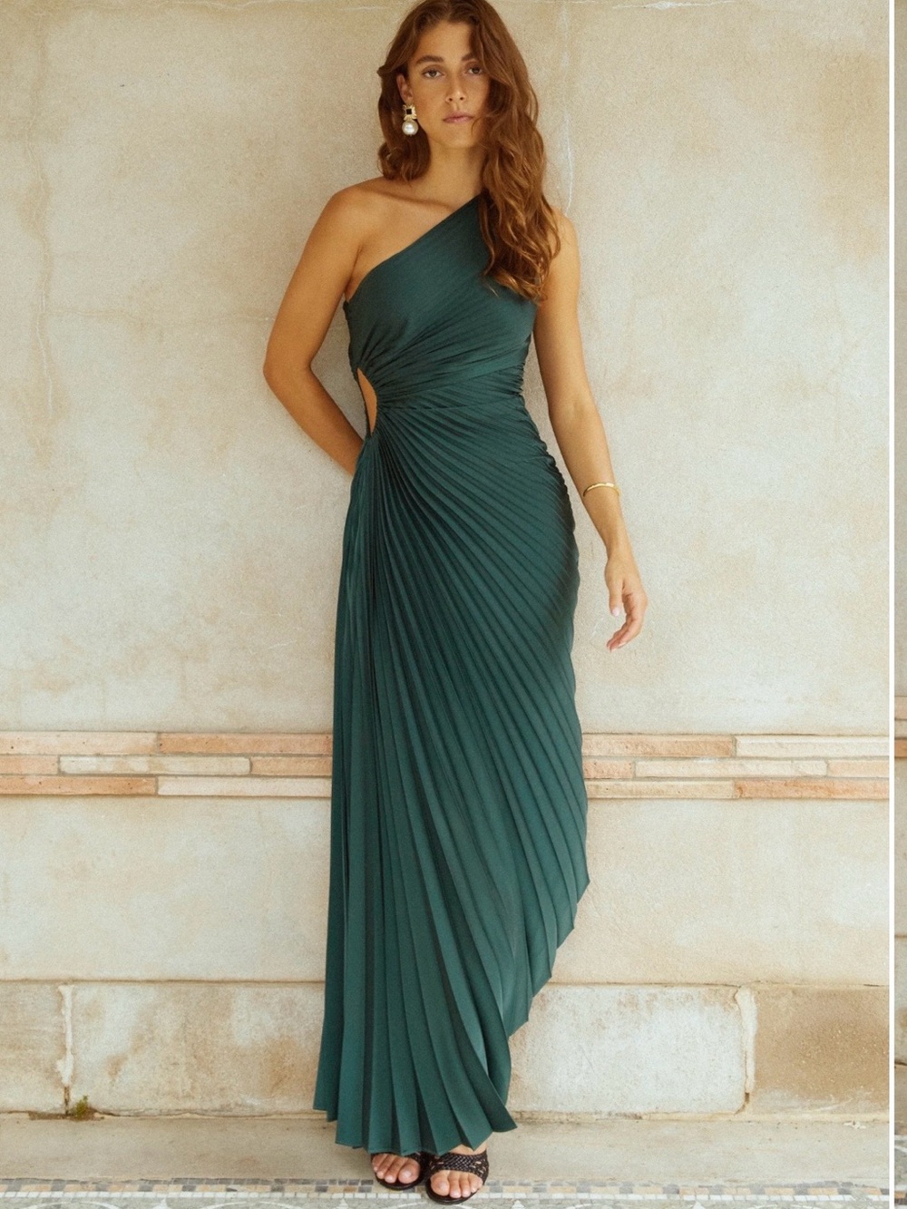 One-Shoulder Forest Green Pleated Evening Dress